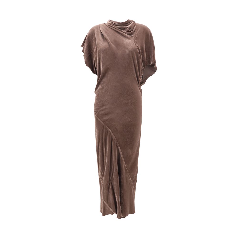 Dress by Rick Owens for women in viscose silk velvet beige features an cute silhouette, detailed with a short-sleeve and cowl neckline that elegantly flows into a cute short long.