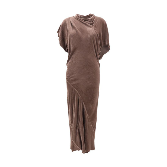 Dress by Rick Owens for women in viscose silk velvet beige features an cute silhouette, detailed with a short-sleeve and cowl neckline that elegantly flows into a cute short long.