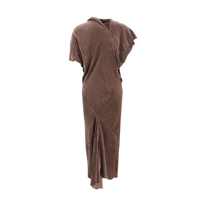 Dress by Rick Owens for women in viscose silk velvet beige presents a sinuous silhouette, showcasing a sophisticated cowl neckline and detailed with a sinuous short long for a refined finish.