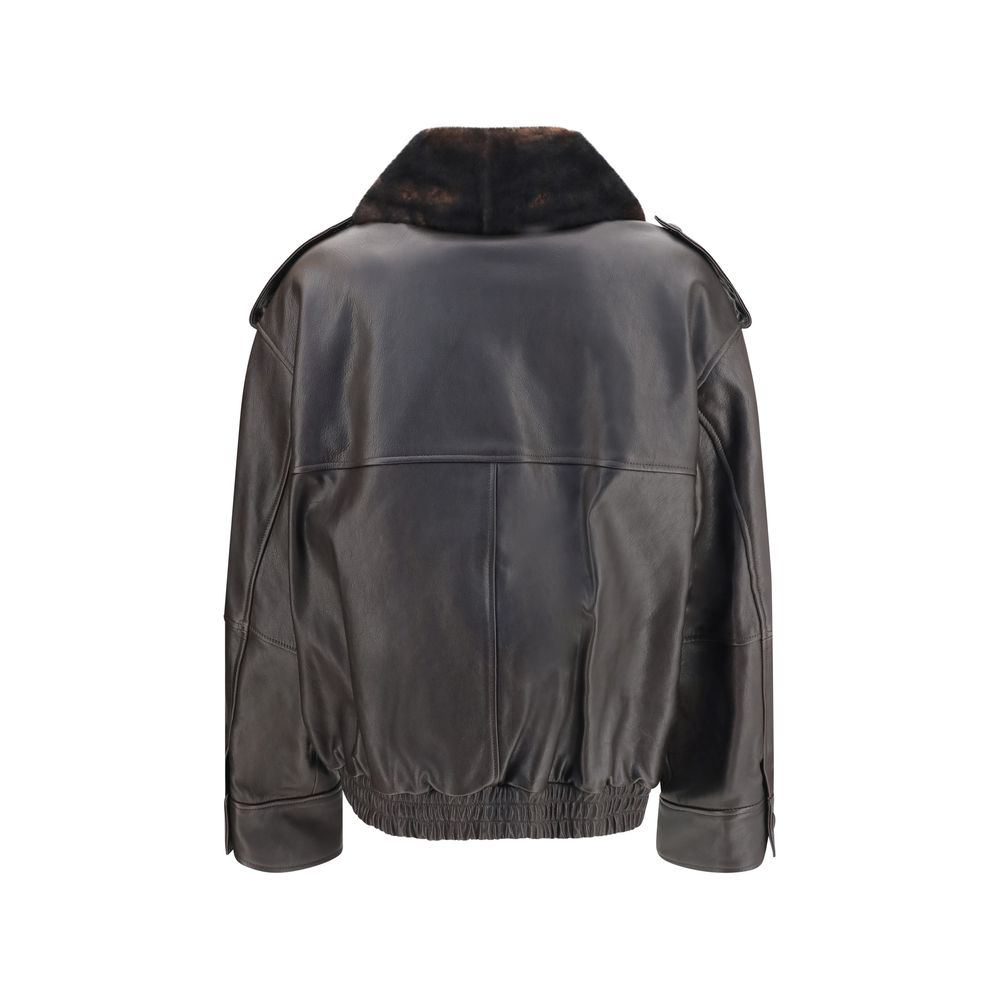 This Bomber Jacket by Loulou De Saison for women in bos taurus calf leather brown exhibits a edgy silhouette, meticulously detailed with functional pockets and a edgy for a edgy finish.