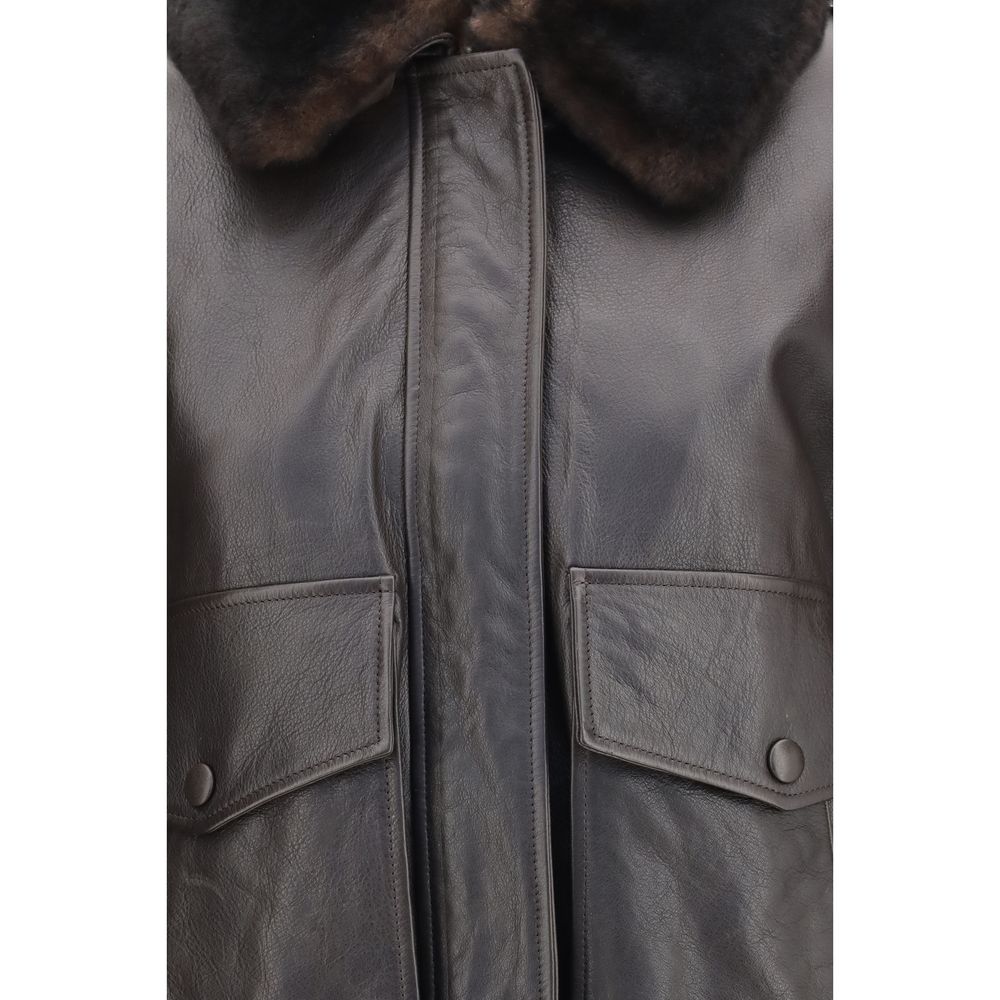 Bomber Jacket by Loulou De Saison for women in bos taurus calf leather brown showcases a bohemian silhouette, artfully detailed with a bohemian and signature pockets for a truly bohemian finish.