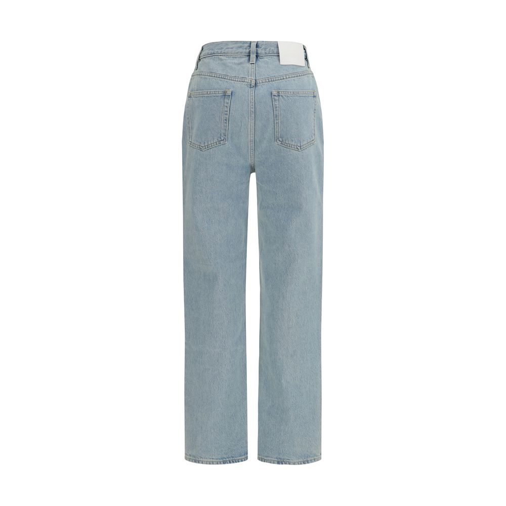 Jeans by Loulou De Saison for women in organic cotton denim blue presents a tailored silhouette, showcasing a tailored straight-leg & regular-fit and long cut with a refined mid rise for a truly tailored aesthetic.