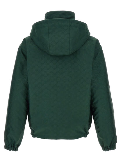 Windbreaker Jacket by Gucci for men in cotton bicolour, dark-green & patterned features an perennial silhouette with a refined and perennial windproof for a sophisticated weather-resistant look.