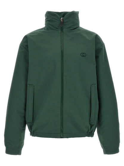 Windbreaker Jacket by Gucci for men in cotton bicolour, dark-green & patterned showcases a modern silhouette, integrating windproof and a modern for a sophisticated finish.