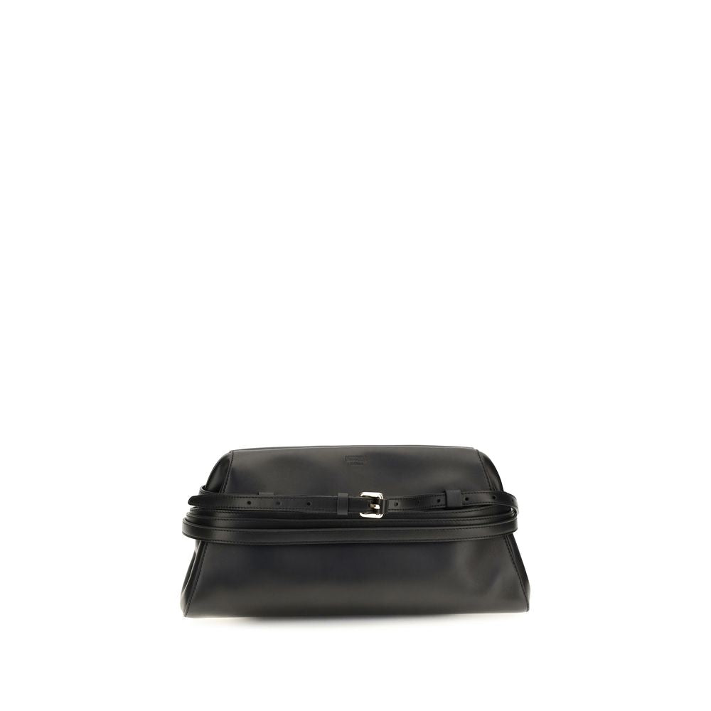 Shoulder Clutch Bag by Moschino for women in goatskin leather black & signature presents a versatile silhouette, showcasing a secure magnetic & buckle and versatile with versatile shoulder-strap for a sophisticated look.