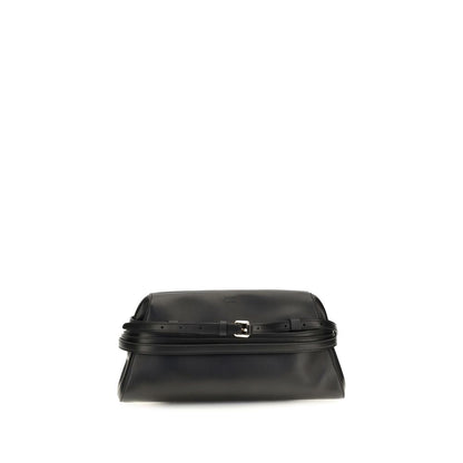 Shoulder Clutch Bag by Moschino for women in goatskin leather black & signature presents a versatile silhouette, showcasing a secure magnetic & buckle and versatile with versatile shoulder-strap for a sophisticated look.