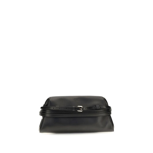 Shoulder Clutch Bag by Moschino for women in goatskin leather black & signature presents a versatile silhouette, showcasing a secure magnetic & buckle and versatile with versatile shoulder-strap for a sophisticated look.
