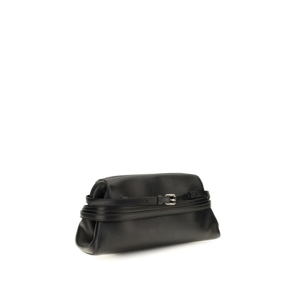 Shoulder Clutch Bag by Moschino for women in goatskin leather black & signature showcases a enviable silhouette, artfully detailed with a secure magnetic & buckle, organized , and versatile shoulder-strap for a enviable look.