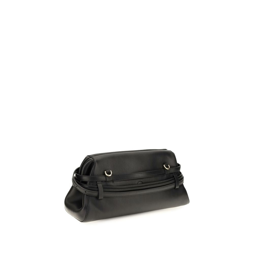 Shoulder Clutch Bag by Moschino for women in goatskin leather black & signature features a distinguished silhouette, showcasing a secure magnetic & buckle and distinguished with versatile shoulder-strap for a distinguished finish.