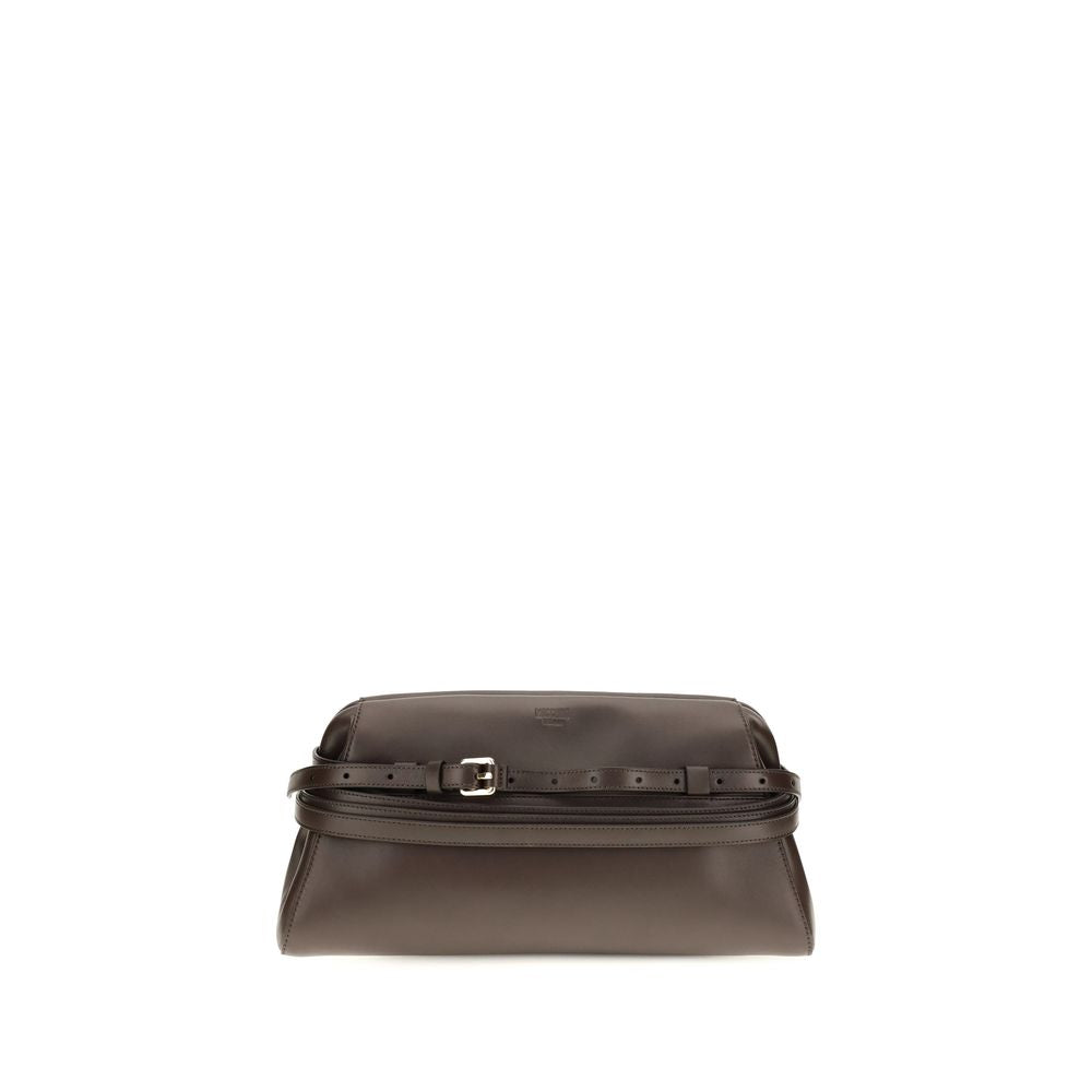 Shoulder Clutch Bag by Moschino for women in goatskin leather brown & signature features an effortlessly chic silhouette with a secure magnetic & buckle, ample , and versatile shoulder-strap for effortlessly chic everyday luxury.