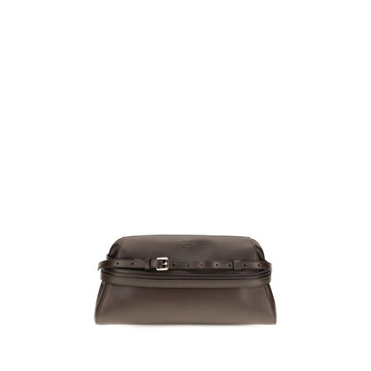 Shoulder Clutch Bag by Moschino for women in goatskin leather brown & signature features an effortlessly chic silhouette with a secure magnetic & buckle, ample , and versatile shoulder-strap for effortlessly chic everyday luxury.