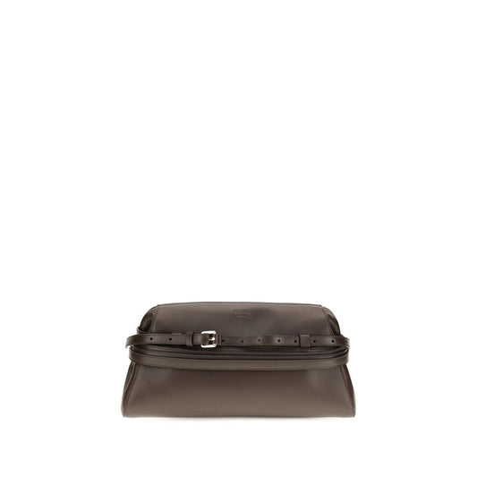 Shoulder Clutch Bag by Moschino for women in goatskin leather brown & signature features an effortlessly chic silhouette with a secure magnetic & buckle, ample , and versatile shoulder-strap for effortlessly chic everyday luxury.