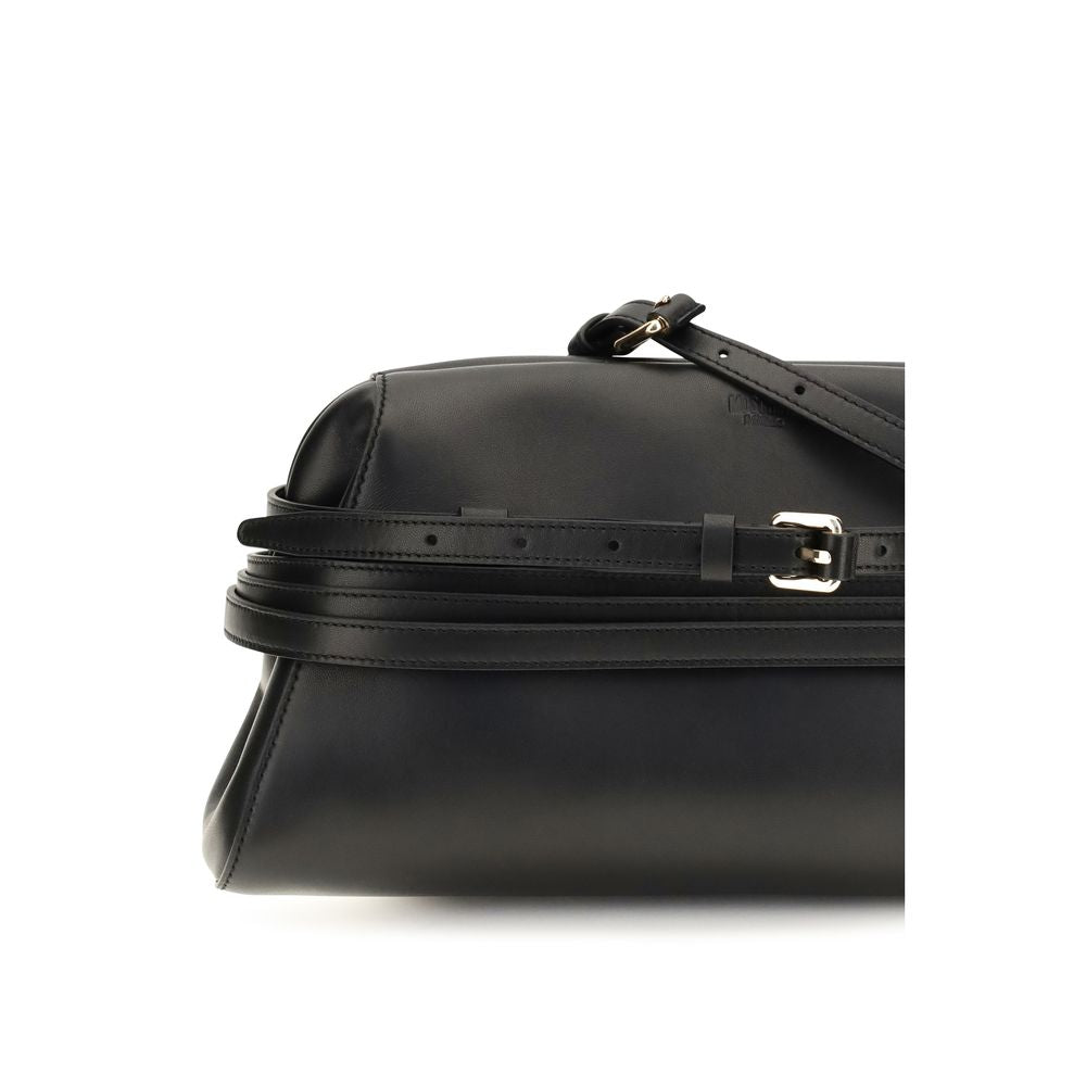 Shoulder Clutch Bag by Moschino for women in goatskin leather black & signature features a enviable silhouette, showcasing a secure magnetic & buckle, ample , and enviable shoulder-strap for a enviable finish.