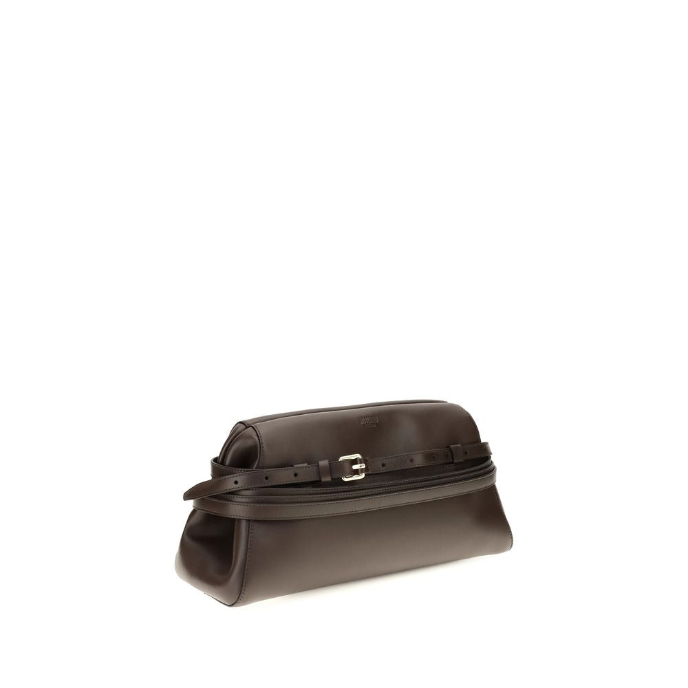 Shoulder Clutch Bag by Moschino for women in goatskin leather brown & signature features a distinguished silhouette, showcasing a secure magnetic & buckle and distinguished with versatile shoulder-strap for a distinguished finish.