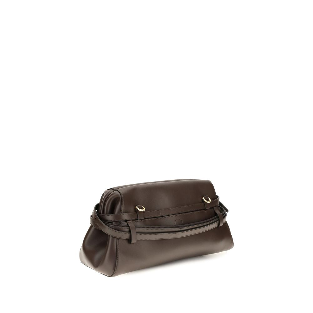 Shoulder Clutch Bag by Moschino for women in goatskin leather brown & signature features a effortless chic silhouette with a secure magnetic & buckle, ample , and versatile shoulder-strap for a effortless chic finish.