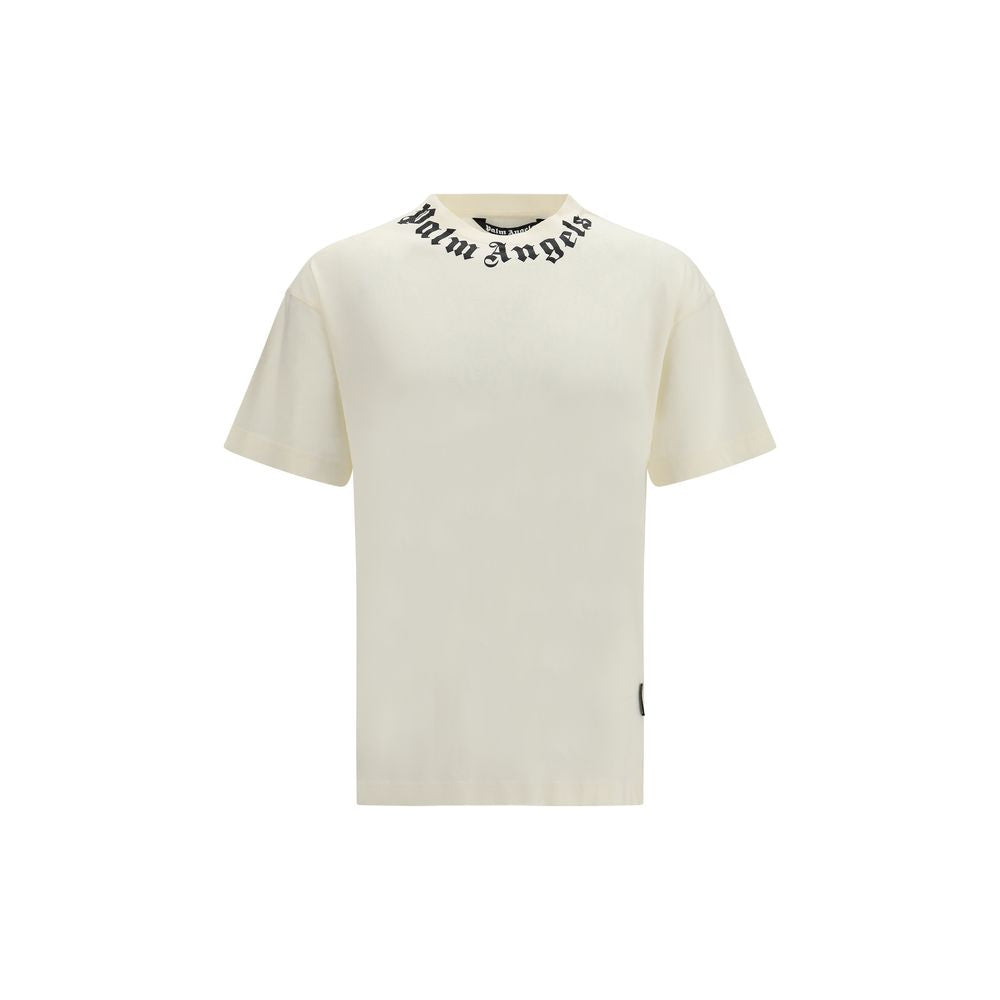 T-Shirt by Palm Angels for men in cotton beige showcases a fashionable silhouette, elegantly detailed with a fashionable short-sleeve and crew neckline for a sophisticated, high-fashion look.