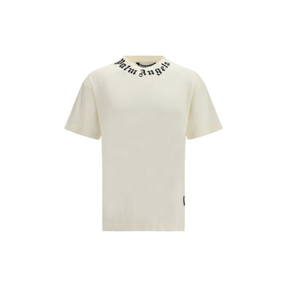 T-Shirt by Palm Angels for men in cotton beige showcases a fashionable silhouette, elegantly detailed with a fashionable short-sleeve and crew neckline for a sophisticated, high-fashion look.