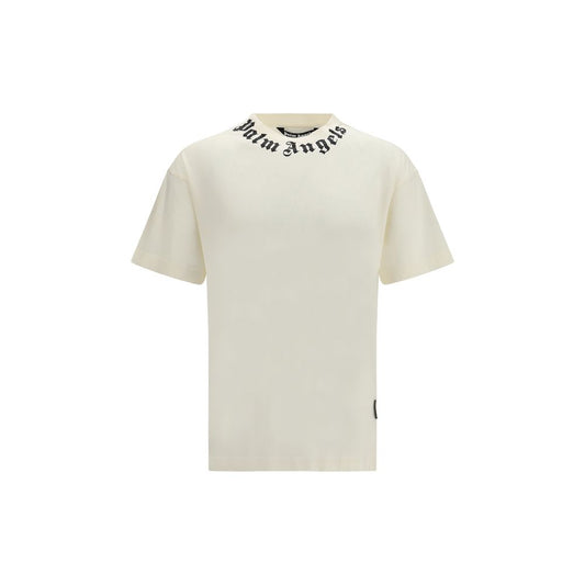 T-Shirt by Palm Angels for men in cotton beige showcases a fashionable silhouette, elegantly detailed with a fashionable short-sleeve and crew neckline for a sophisticated, high-fashion look.