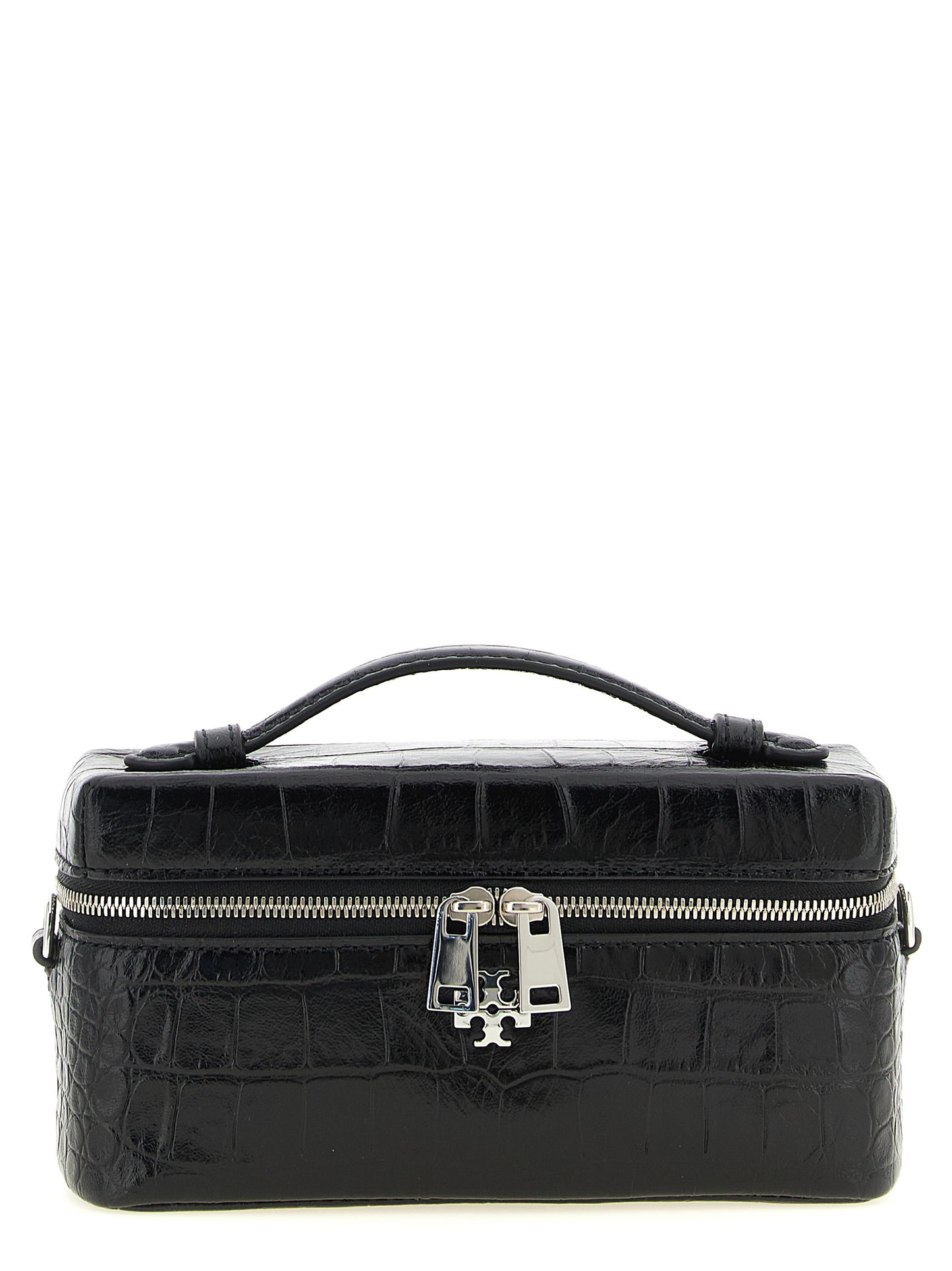 2-in-1 Shoulder & Crossbody East West Tote Handbag by Tory Burch for women in exotic skin leather black, silver & print features a transformative elegance silhouette, showcasing a secure , organized , and versatile crossbody-strap, shoulder-strap, handle & detachable-strap for a transformative elegance look.