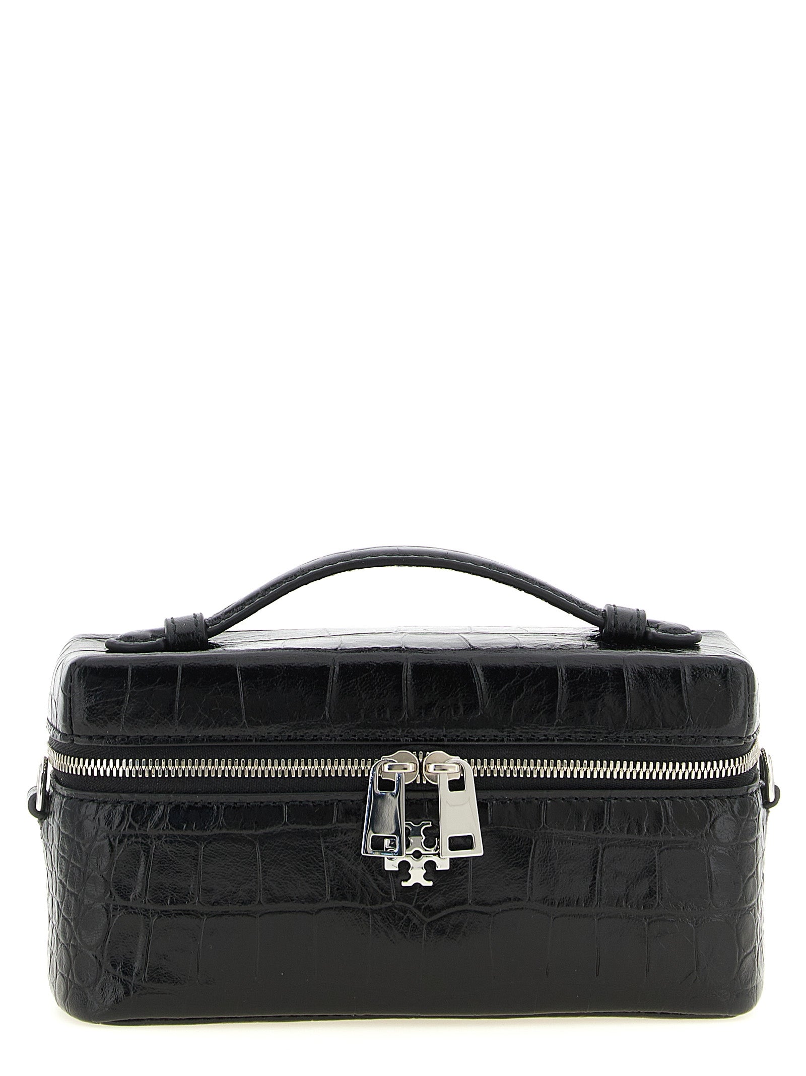 2-in-1 Shoulder & Crossbody East West Tote Handbag by Tory Burch for women in exotic skin leather black, silver & print features a transformative elegance silhouette, showcasing a secure , organized , and versatile crossbody-strap, shoulder-strap, handle & detachable-strap for a transformative elegance look.