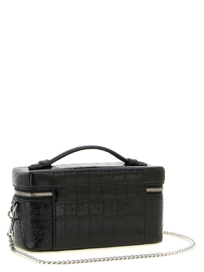 2-in-1 Shoulder & Crossbody East West Tote Handbag by Tory Burch for women in exotic skin leather black, silver & print features an multi-faceted design with a secure , ample , and versatile crossbody-strap, shoulder-strap, handle & detachable-strap for a multi-faceted finish.