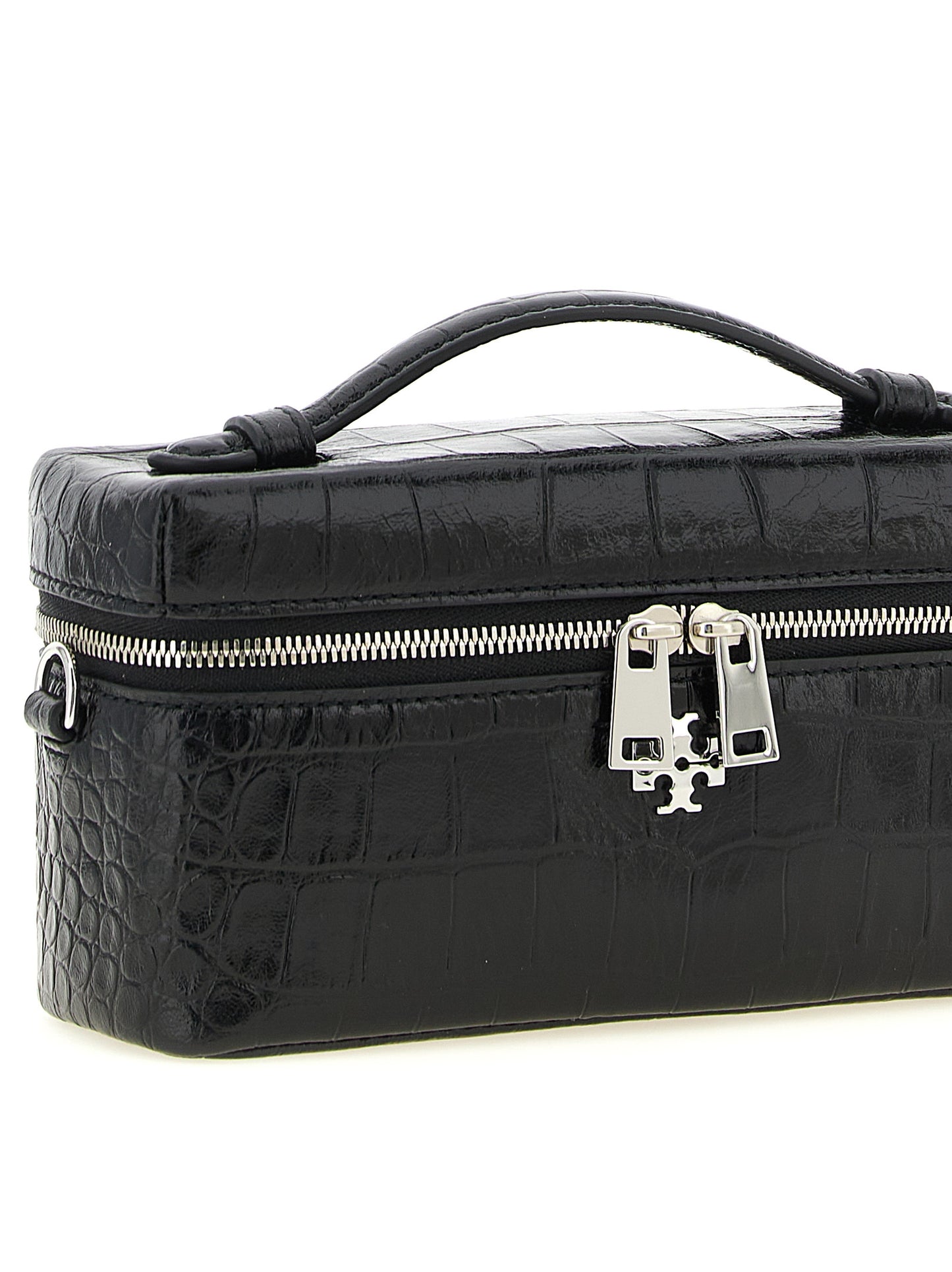 2-in-1 Shoulder & Crossbody East West Tote Handbag by Tory Burch for women in exotic skin leather black, silver & print features a versatile chic silhouette, meticulously detailed with a secure , ample , and versatile crossbody-strap, shoulder-strap, handle & detachable-strap.