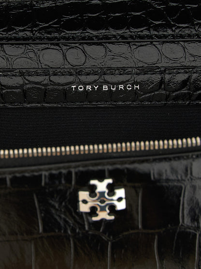 2-in-1 Shoulder & Crossbody East West Tote Handbag by Tory Burch for women in exotic skin leather black, silver & print features a multifaceted silhouette, showcasing a secure and multifaceted with versatile crossbody-strap, shoulder-strap, handle & detachable-strap for multifaceted style.