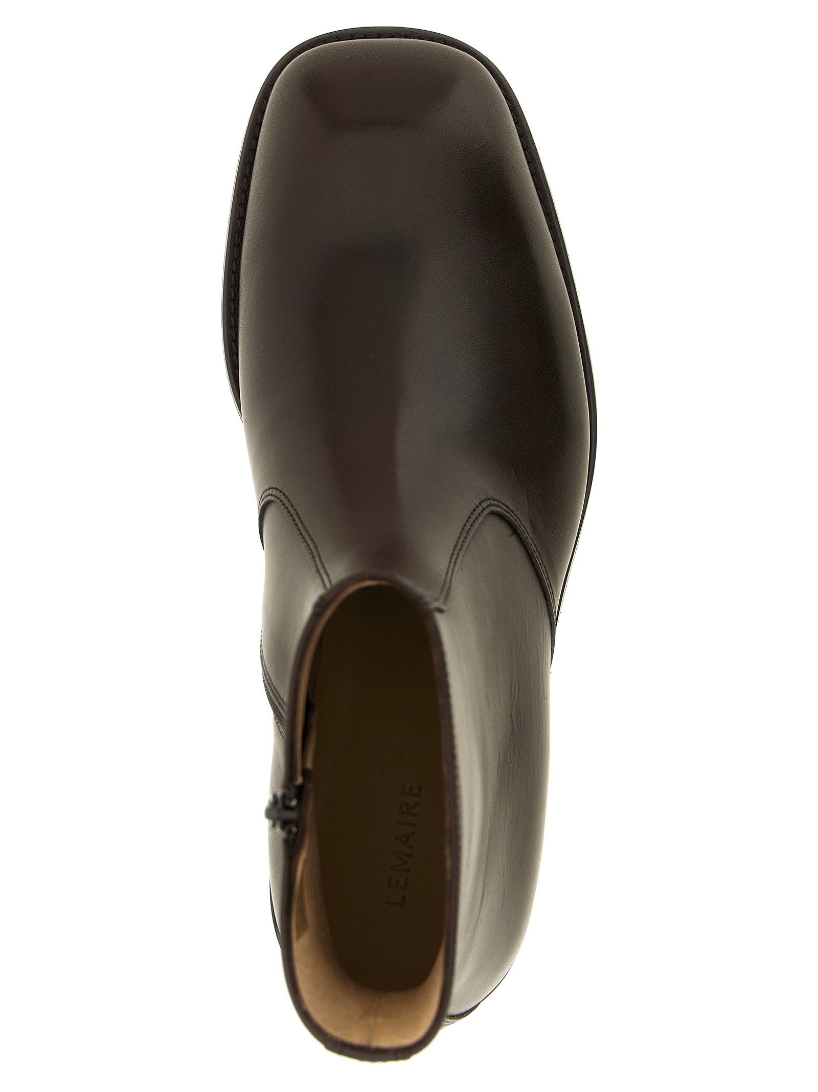 Low-Heel Ankle Boots by Lemaire for men in lamb leather brown features an dynamic silhouette, showcasing the dynamic Men's Lamb Leather Low-Heel Ankle Boots design with its distinctive low-heel and elegant square toe style.