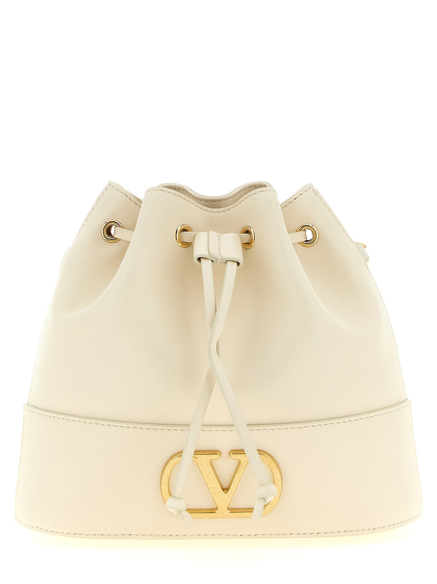 Medium Crossbody Bucket Handbag by Valentino Garavani for women in lamb leather gold, white & signature features a transformative elegance silhouette, showcasing a secure drawstring & toggle, organized , and versatile crossbody-strap & shoulder-strap for a transformative elegance look.