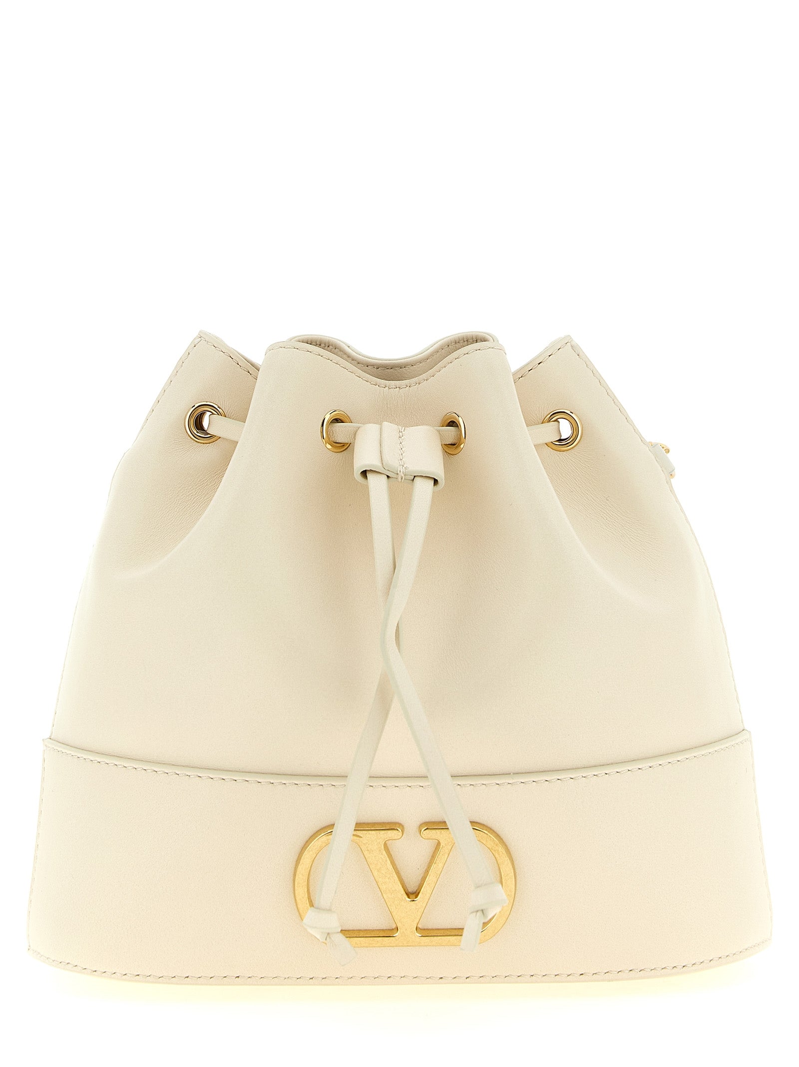 Medium Crossbody Bucket Handbag by Valentino Garavani for women in lamb leather gold, white & signature features a transformative elegance silhouette, showcasing a secure drawstring & toggle, organized , and versatile crossbody-strap & shoulder-strap for a transformative elegance look.