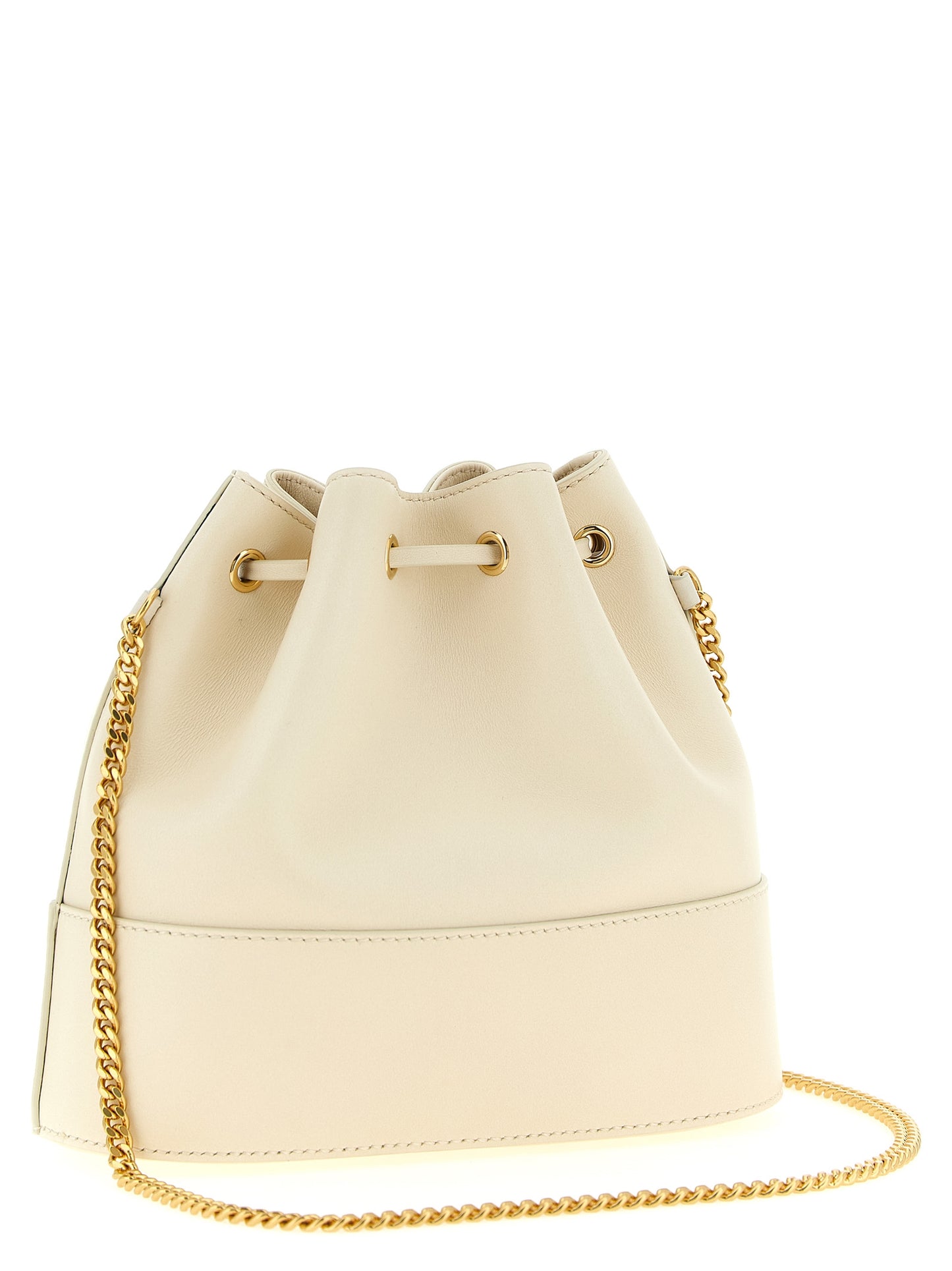 Medium Crossbody Bucket Handbag by Valentino Garavani for women in lamb leather gold, white & signature features an multi-faceted design with a secure drawstring & toggle, ample , and versatile crossbody-strap & shoulder-strap for a multi-faceted finish.
