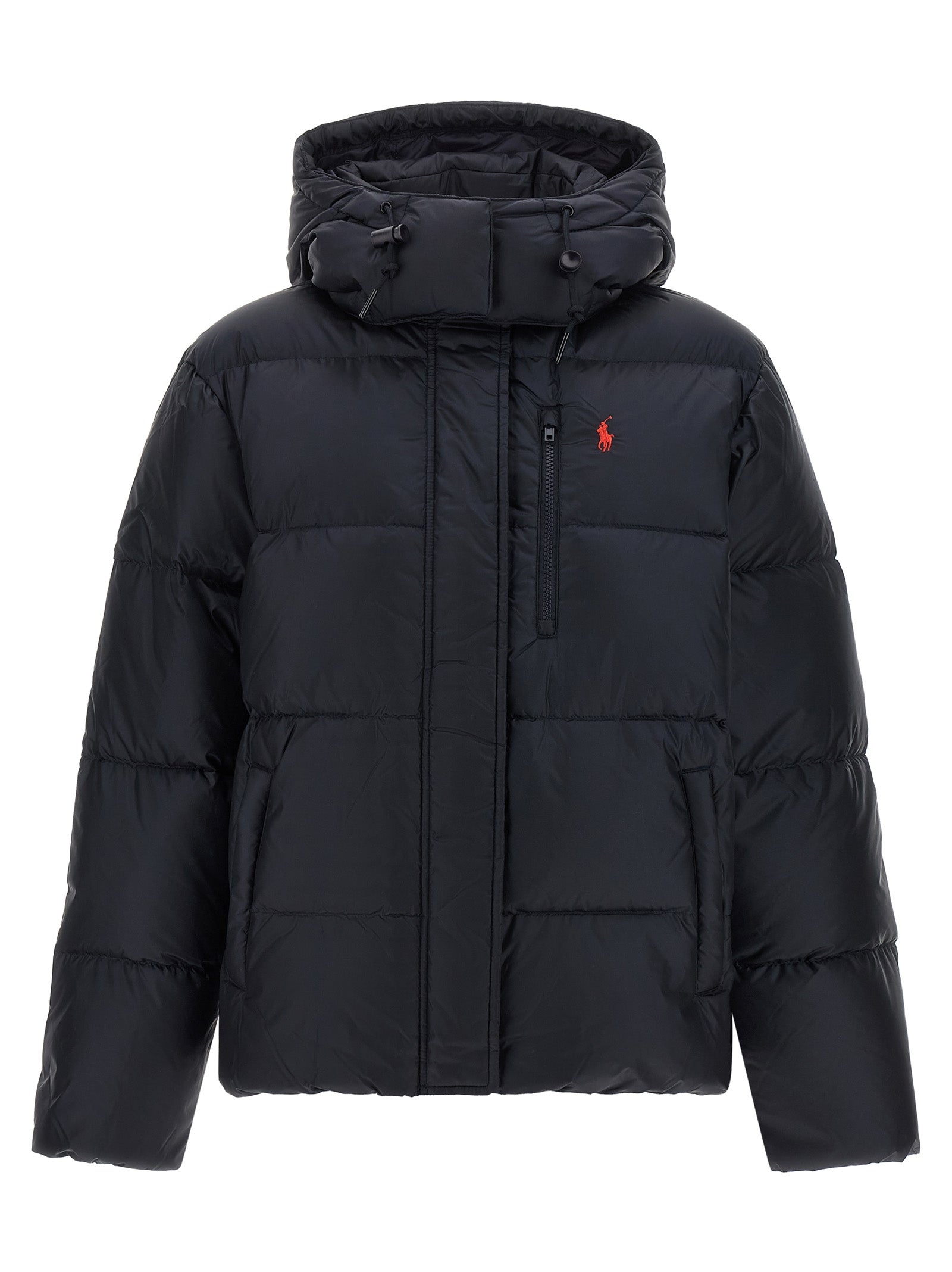 Hooded Puffer Jacket by Polo Ralph Lauren for women in nylon fabric navy, red & signature features an contemporary silhouette, showcasing a sophisticated hooded neckline and contemporary windproof, hooded & insulated for a truly refined look.