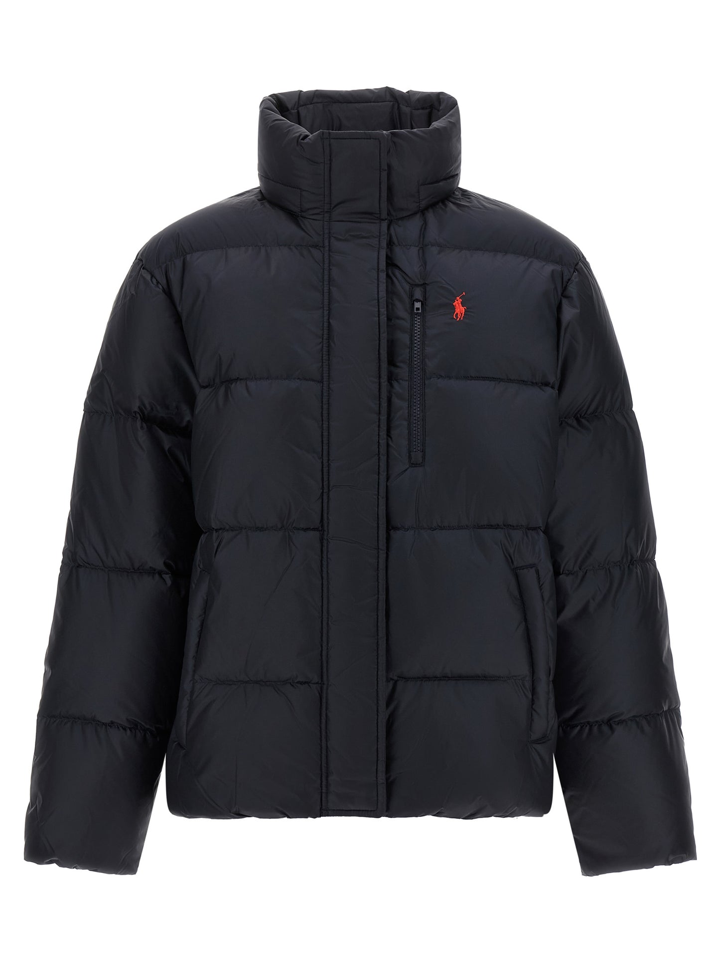 Hooded Puffer Jacket by Polo Ralph Lauren for women in nylon fabric navy, red & signature features a city-ready silhouette, detailed with windproof, hooded & insulated and a city-ready hooded neckline.