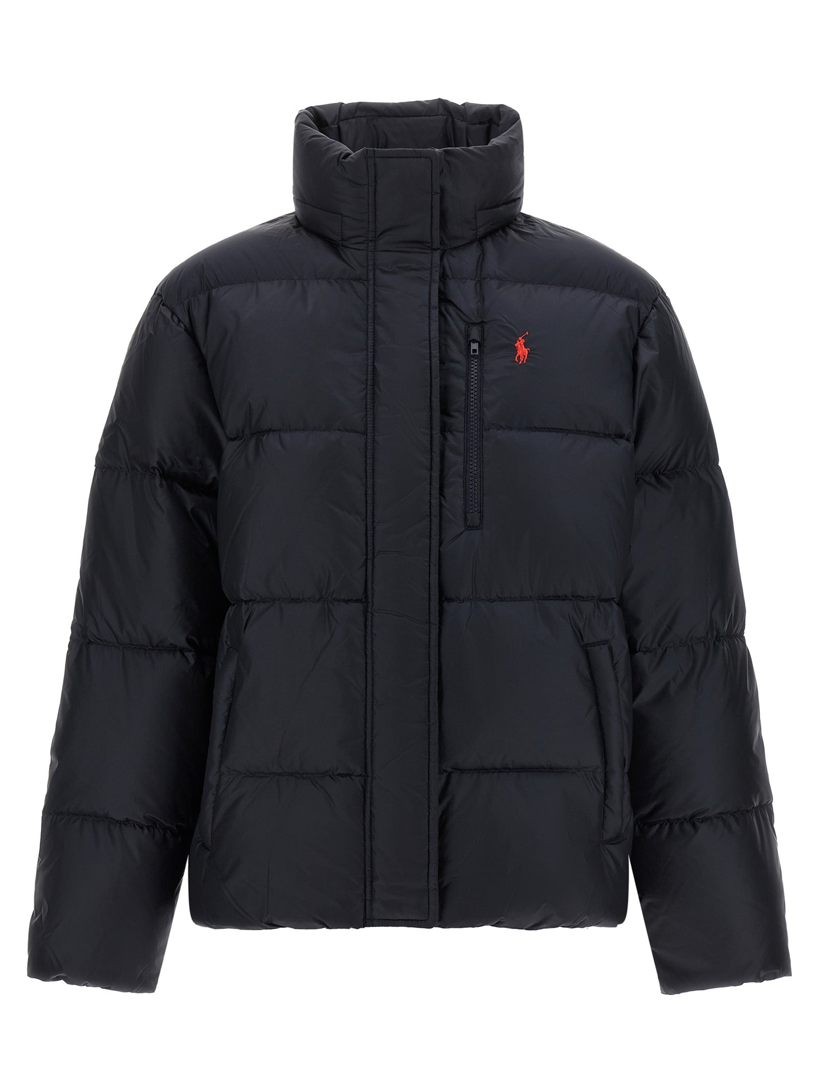 Hooded Puffer Jacket by Polo Ralph Lauren for women in nylon fabric navy, red & signature features a city-ready silhouette, detailed with windproof, hooded & insulated and a city-ready hooded neckline.