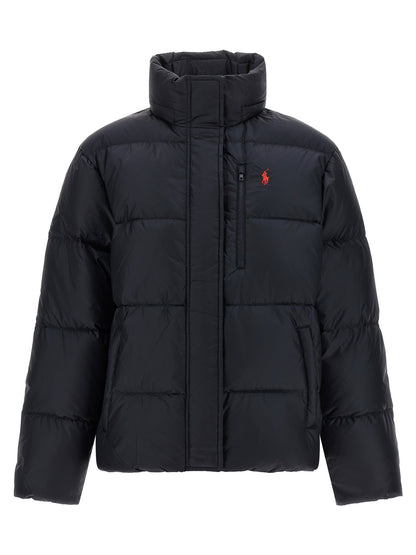 Hooded Puffer Jacket by Polo Ralph Lauren for women in nylon fabric navy, red & signature features a city-ready silhouette, detailed with windproof, hooded & insulated and a city-ready hooded neckline.