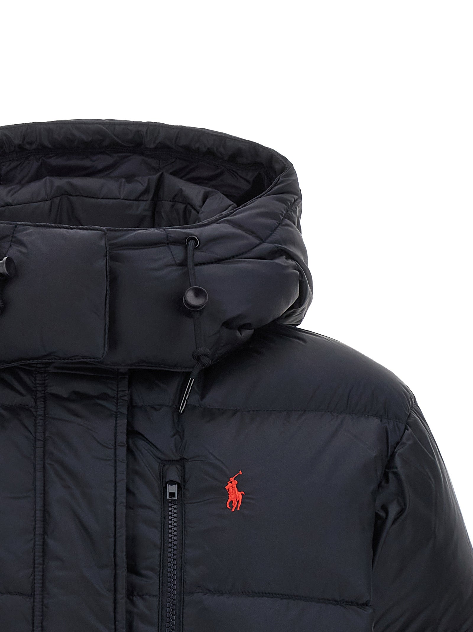 Hooded Puffer Jacket by Polo Ralph Lauren for women in nylon fabric navy, red & signature features an contemporary silhouette, showcasing a sophisticated hooded neckline and contemporary windproof, hooded & insulated for a truly refined look.