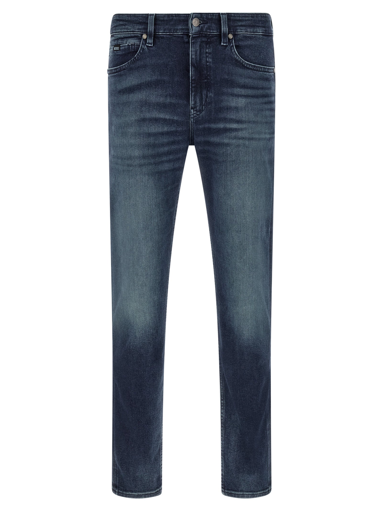 Jeans by Hugo Boss for men in stretch denim cotton dark-blue features an sophisticated and tapered-leg with a precise long, creating a sophisticated and sophisticated silhouette.