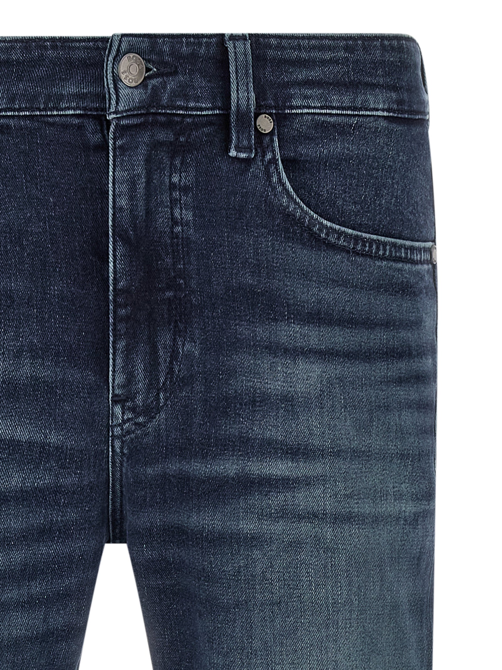 Jeans by Hugo Boss for men in stretch denim cotton dark-blue presents a refined pantology silhouette, artfully defined by a refined pantology tapered-leg, long, and a sophisticated .
