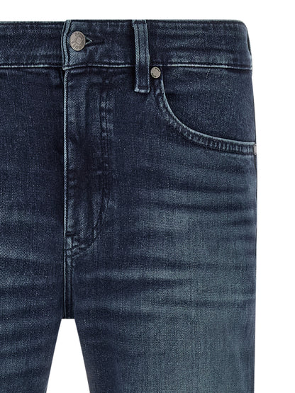 Jeans by Hugo Boss for men in stretch denim cotton dark-blue presents a refined pantology silhouette, artfully defined by a refined pantology tapered-leg, long, and a sophisticated .