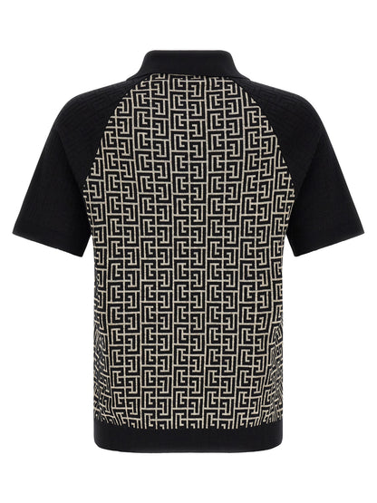 This Polo Shirt by Balmain for men in line polyamide cotton & viscose bicolour, black, white, jacquard & monogram presents a flawless silhouette, showcasing flawless detailing and a refined for a truly flawless aesthetic.
