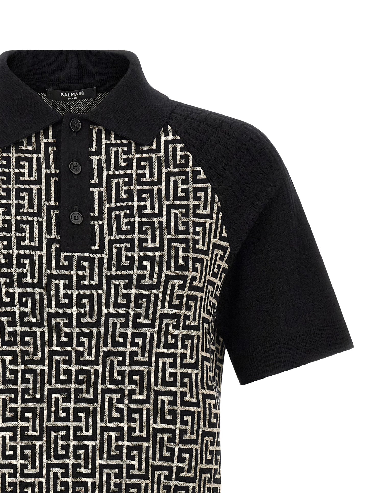 Polo Shirt by Balmain for men in line polyamide cotton & viscose bicolour, black, white, jacquard & monogram presents a crisp silhouette, artfully detailed with a crisp and crisp .