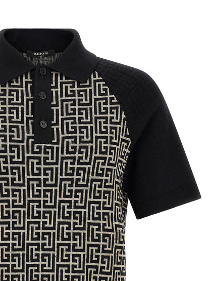 Polo Shirt by Balmain for men in line polyamide cotton & viscose bicolour, black, white, jacquard & monogram presents a crisp silhouette, artfully detailed with a crisp and crisp .