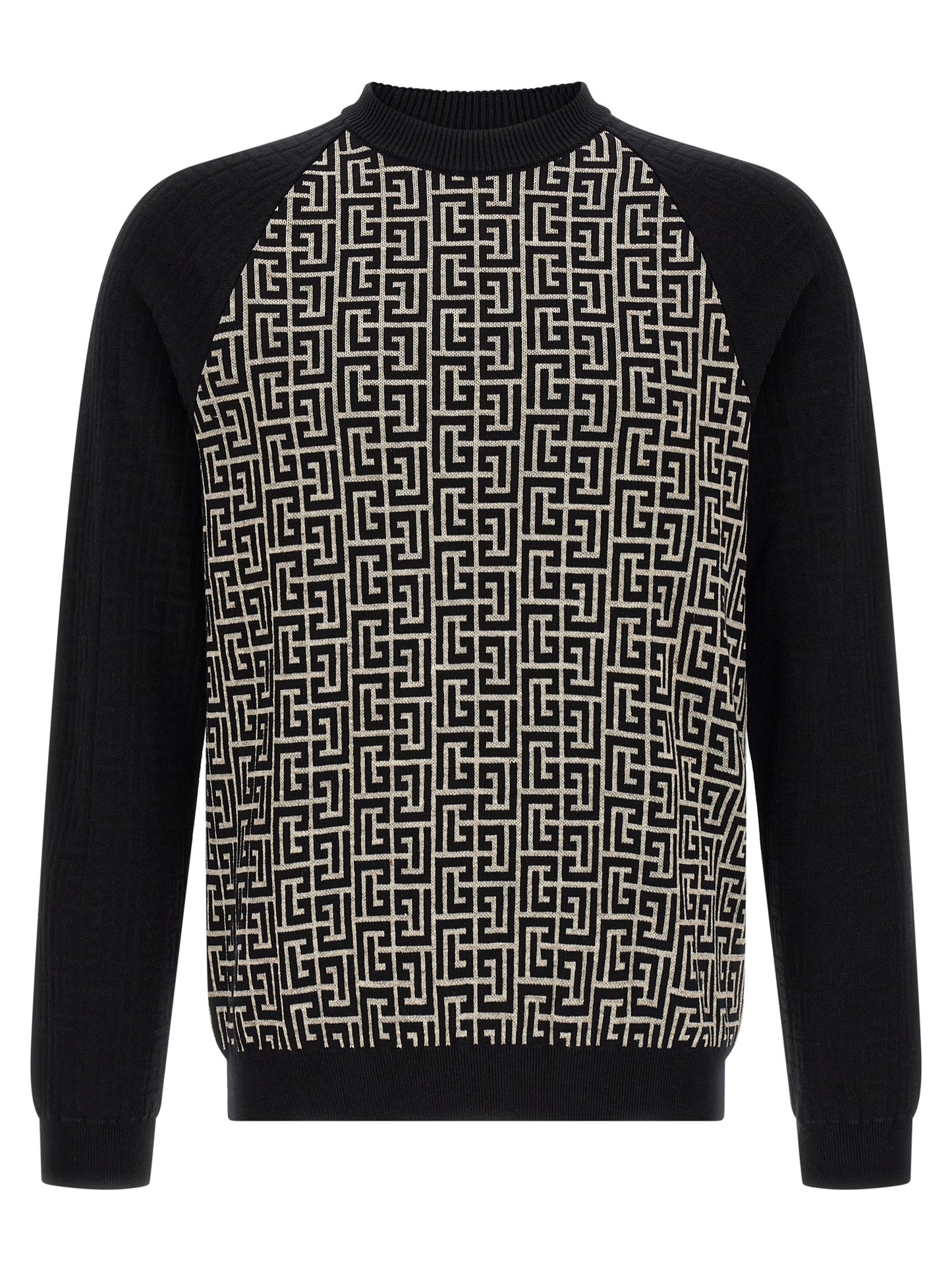 Cardigan by Balmain for men in line polyamide cotton & viscose bicolour, black, ivory, white & monogram features a dramatic silhouette, showcasing a sophisticated crew neckline and dramatic detail for a timeless, premium look.