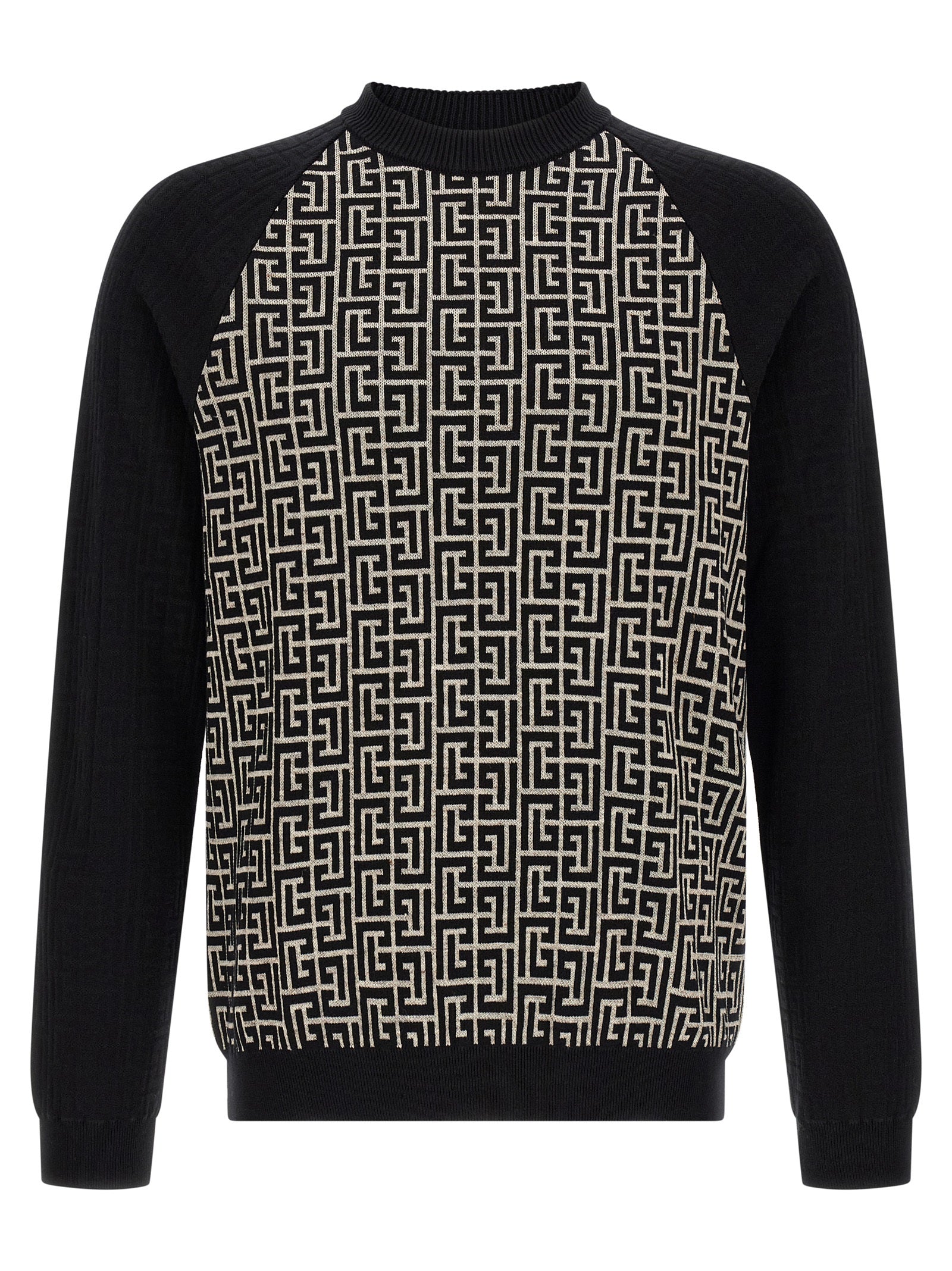 Cardigan by Balmain for men in line polyamide cotton & viscose bicolour, black, ivory, white & monogram features a dramatic silhouette, showcasing a sophisticated crew neckline and dramatic detail for a timeless, premium look.