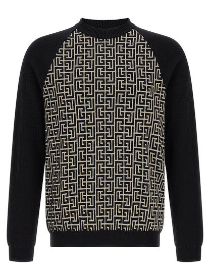 Cardigan by Balmain for men in line polyamide cotton & viscose bicolour, black, ivory, white & monogram features a dramatic silhouette, showcasing a sophisticated crew neckline and dramatic detail for a timeless, premium look.