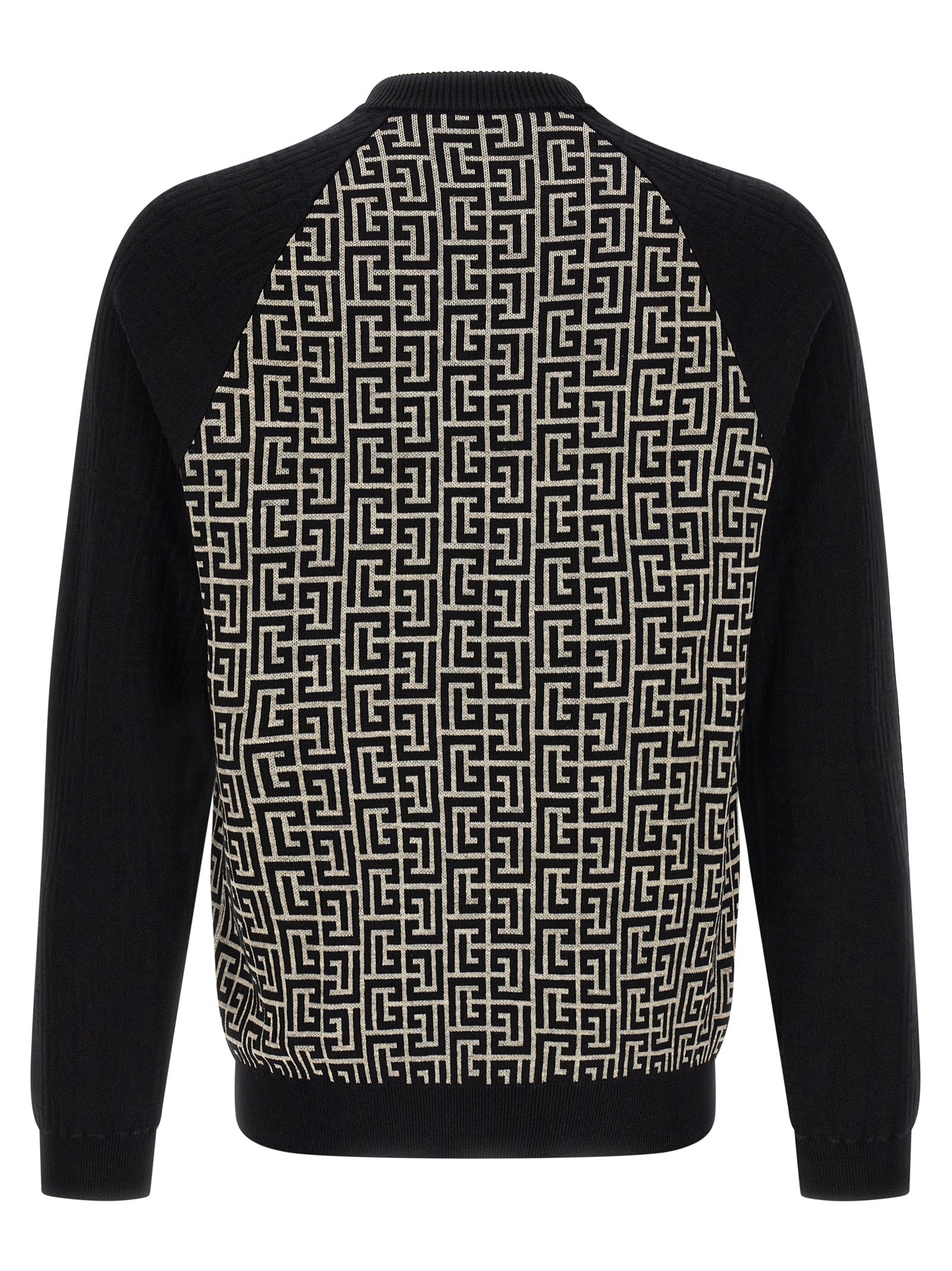 Cardigan by Balmain for men in line polyamide cotton & viscose bicolour, black, ivory, white & monogram presents a textural silhouette, artfully finished with a textural crew neckline and for a sophisticated, textural look.