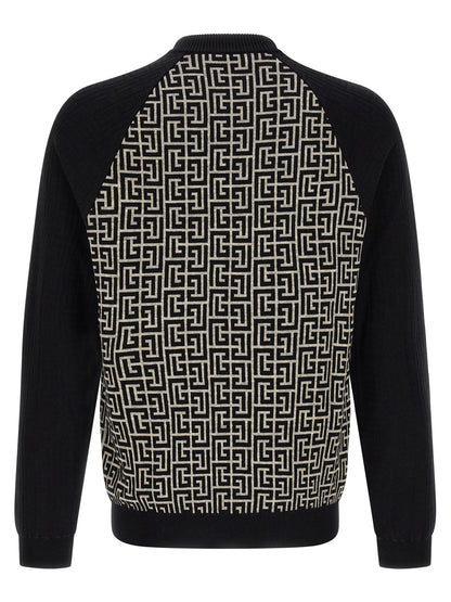 Cardigan by Balmain for men in line polyamide cotton & viscose bicolour, black, ivory, white & monogram presents a textural silhouette, artfully finished with a textural crew neckline and for a sophisticated, textural look.