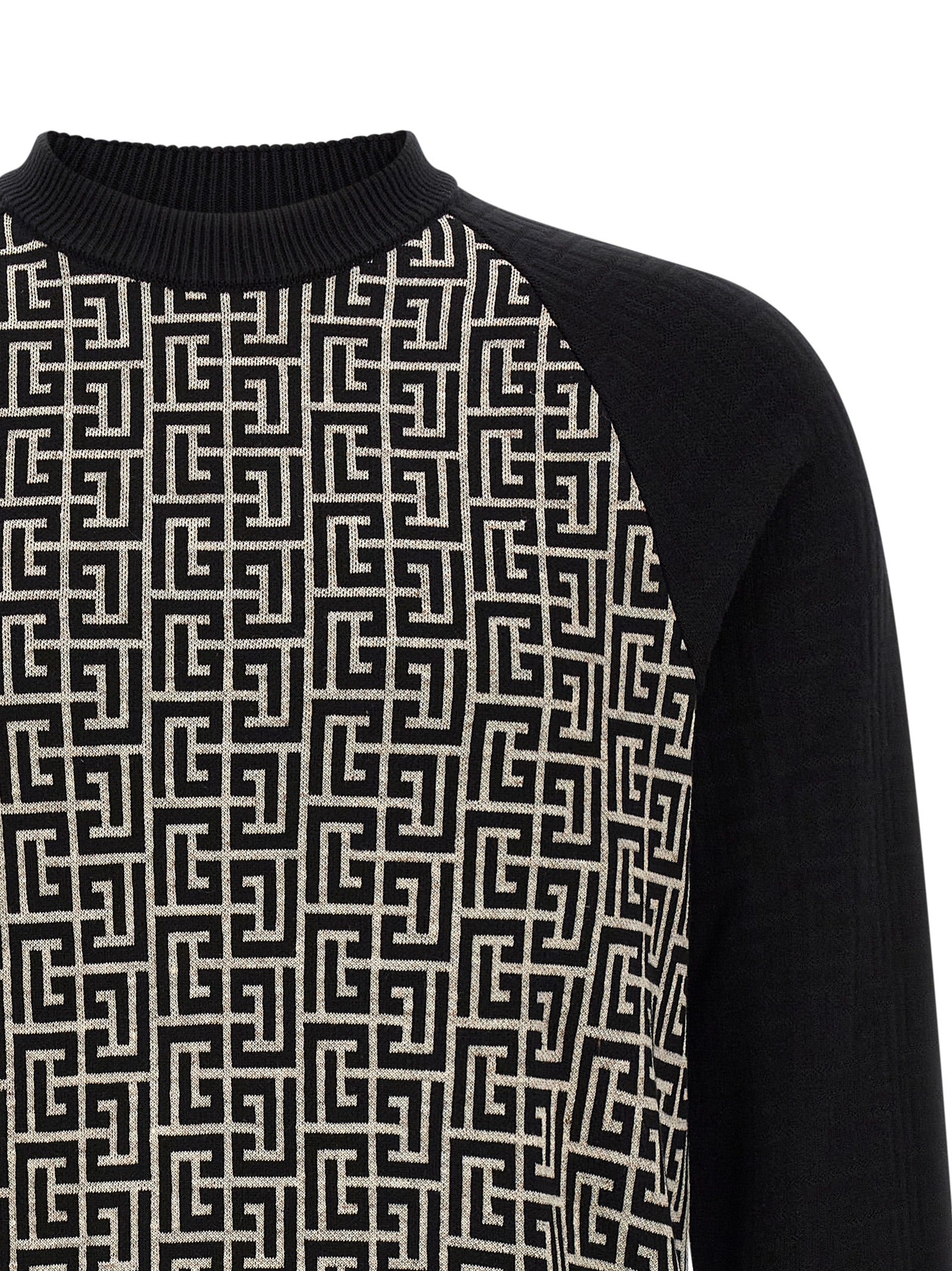 Cardigan by Balmain for men in line polyamide cotton & viscose bicolour, black, ivory, white & monogram features an impeccable silhouette, showcasing a sophisticated crew neckline and detail for a truly impeccable finish.