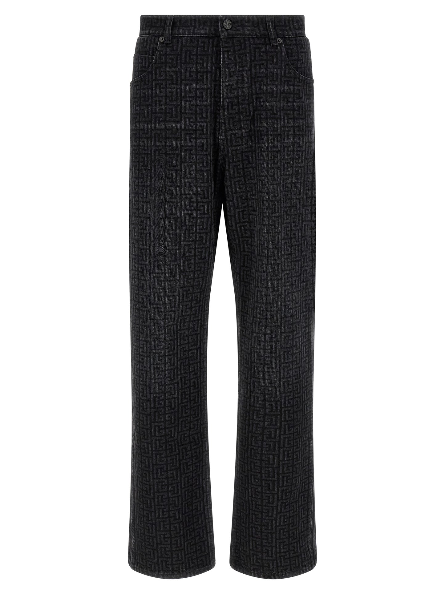Jeans by Balmain for men in denim cotton black, patterned & monogram features a polished silhouette with a polished straight-leg, reaching a polished long and finished with a polished .