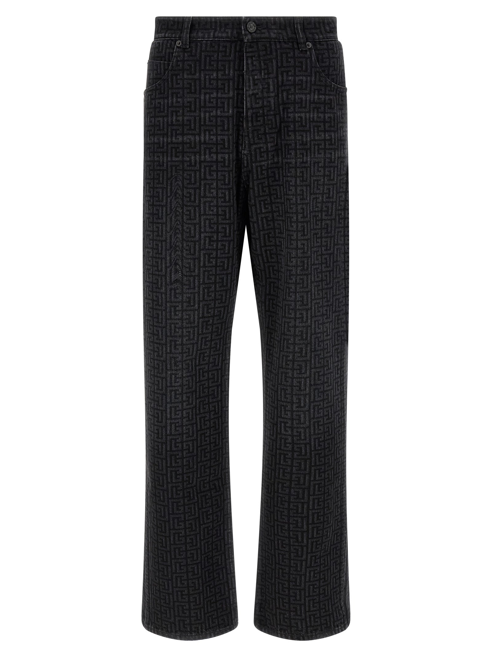 Jeans by Balmain for men in denim cotton black, patterned & monogram features a polished silhouette with a polished straight-leg, reaching a polished long and finished with a polished .